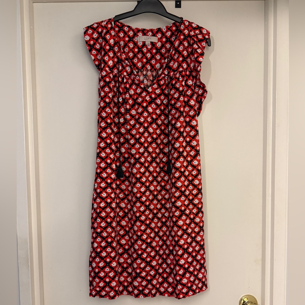 LOFT Red Print Shift Dress- Size Medium